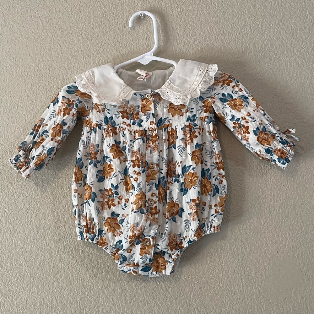 Happily Grey floral bubble with brown and blue flowers and Peter Pan collar
